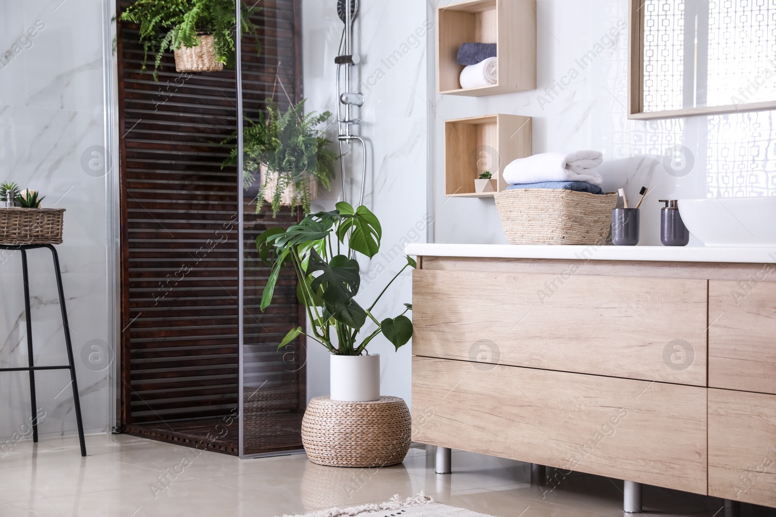 Photo of Bathroom interior with shower stall and houseplants. Idea for design