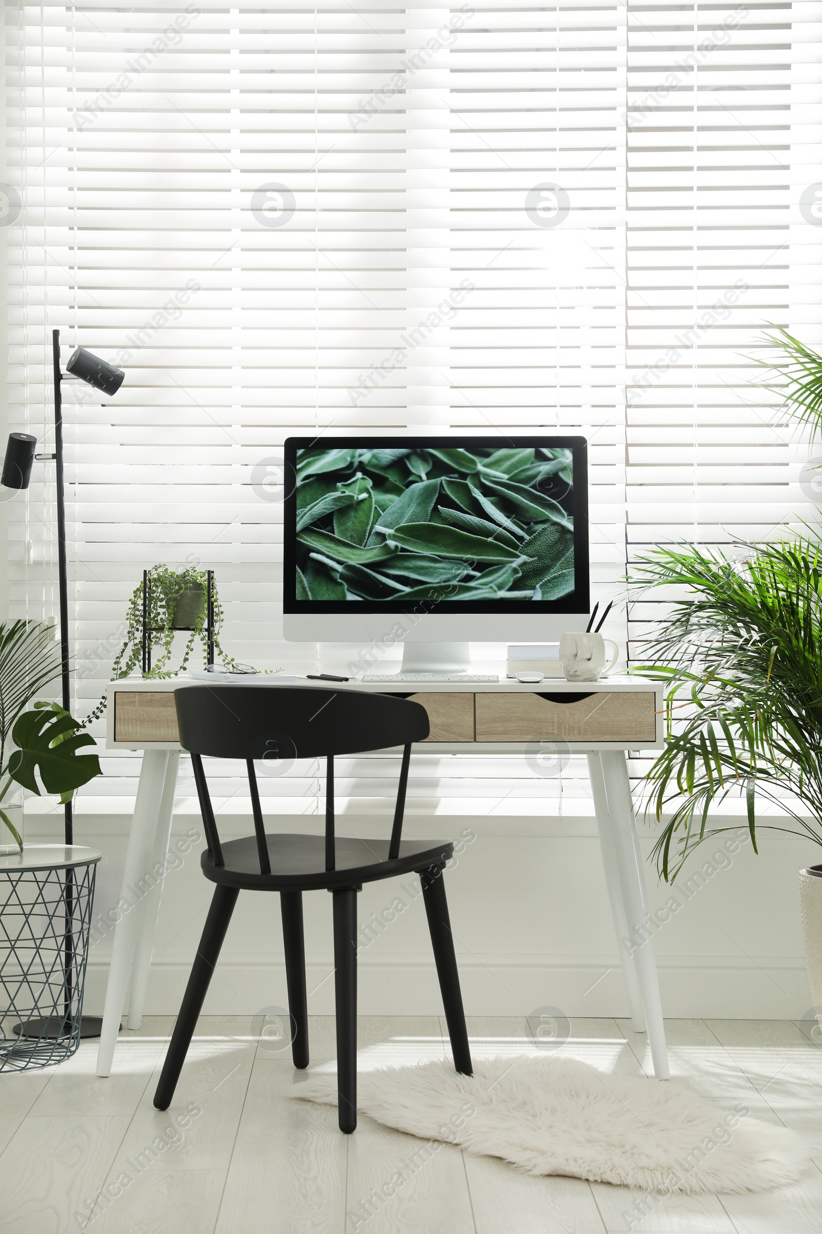 Photo of Comfortable workplace with modern computer and green plants in room. Interior design