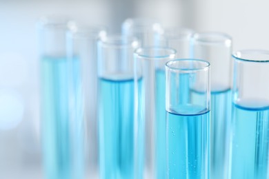 Photo of Test tubes with light blue liquid in laboratory, closeup. Space for text