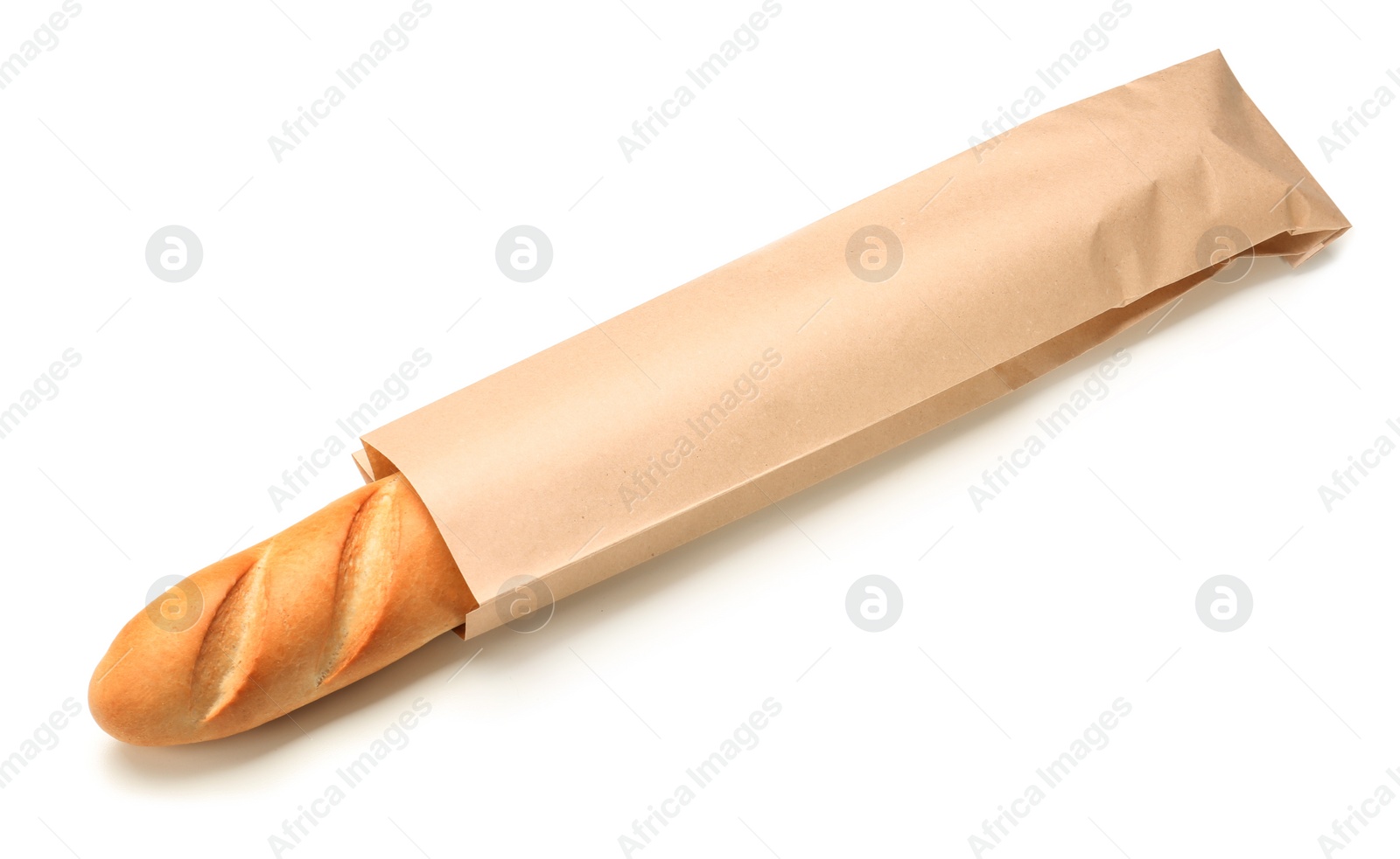 Photo of Paper bag with baguette on white background. Space for design