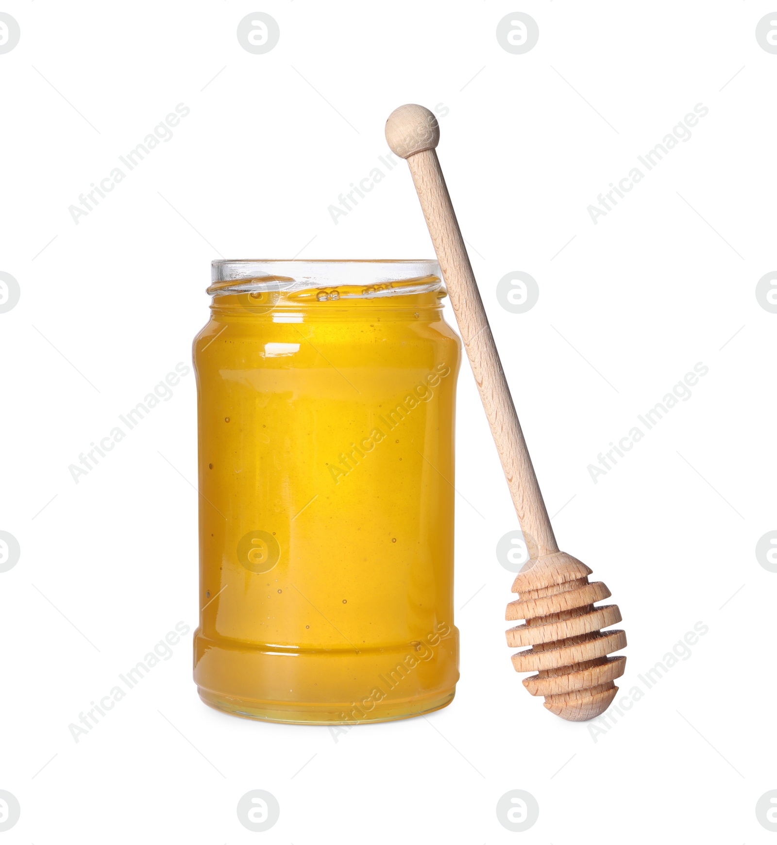 Photo of Tasty natural honey in glass jar and dipper isolated on white