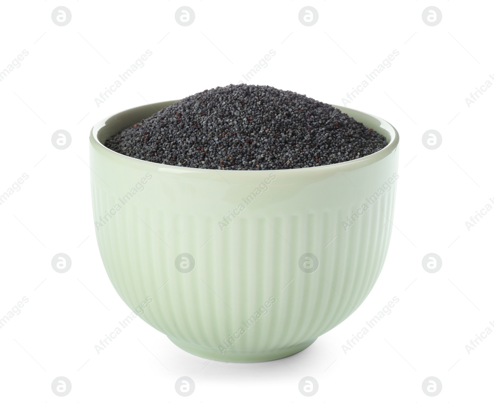 Photo of Poppy seeds in bowl isolated on white