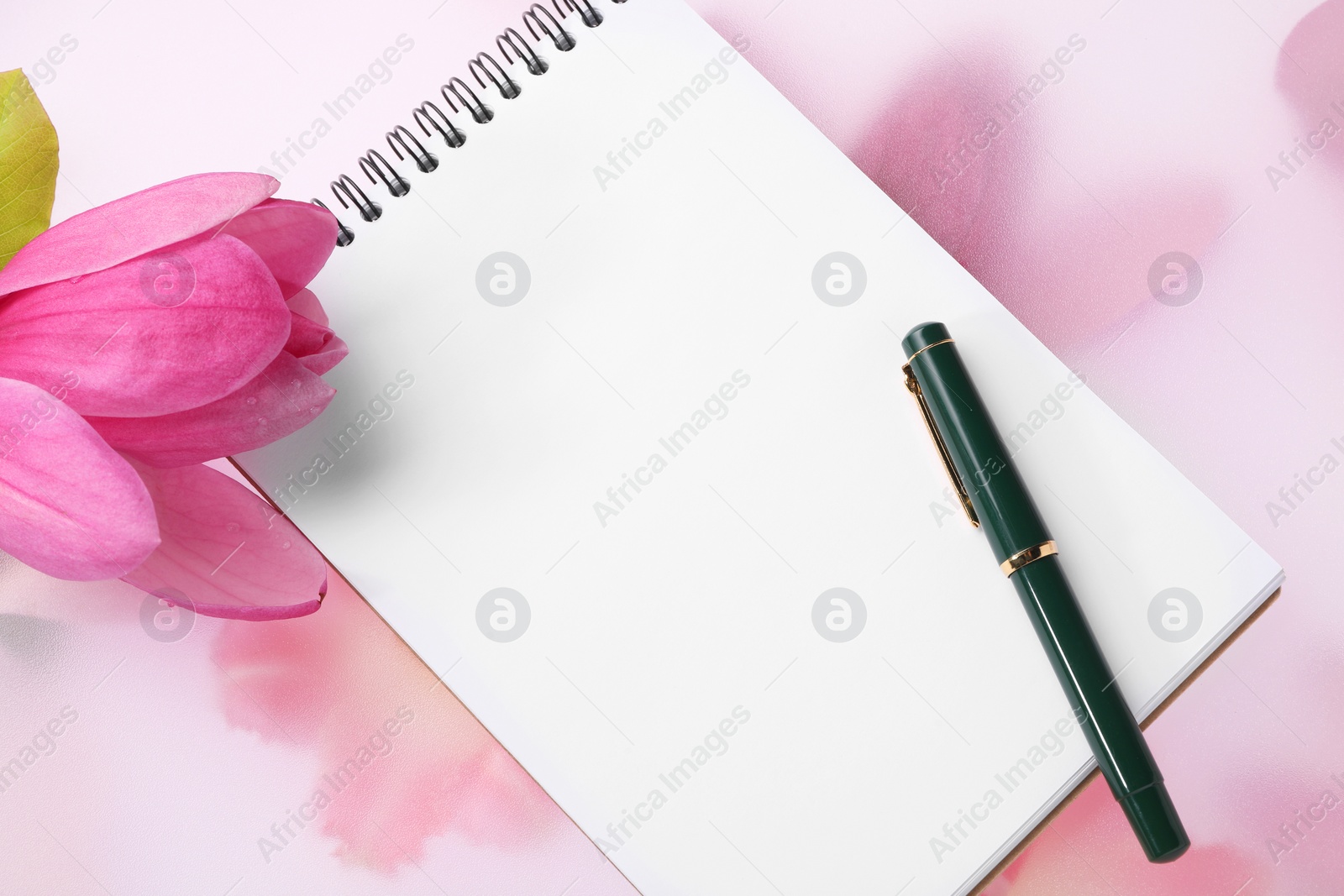 Photo of Guest list. Notebook, pen and magnolia on spring floral background, top view