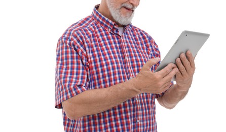 Man with tablet on white background, closeup