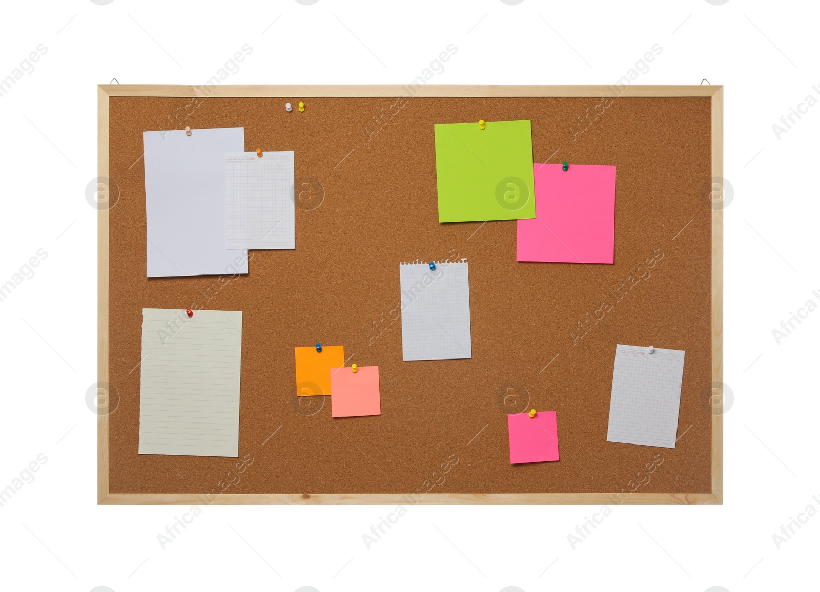 Photo of Empty notes pinned to cork board on white background