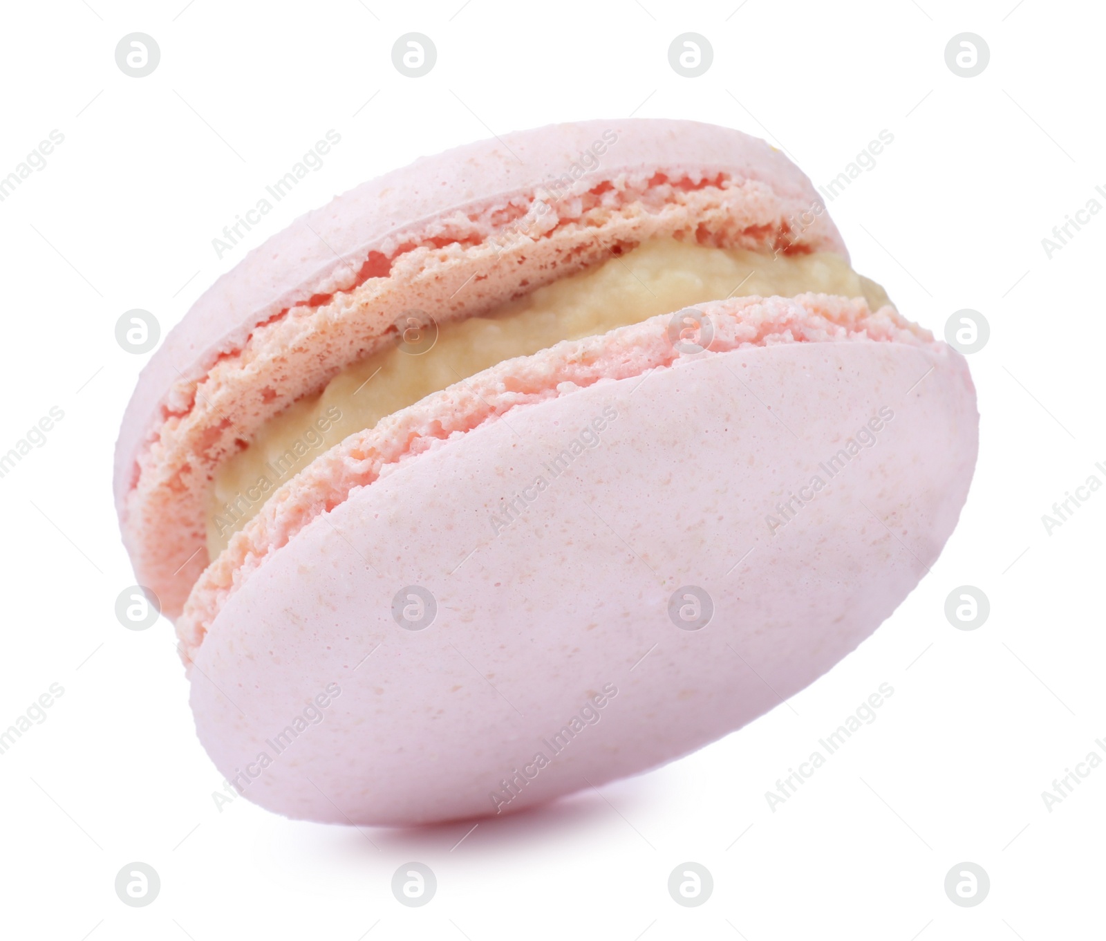 Photo of Pink macaron isolated on white. Delicious dessert