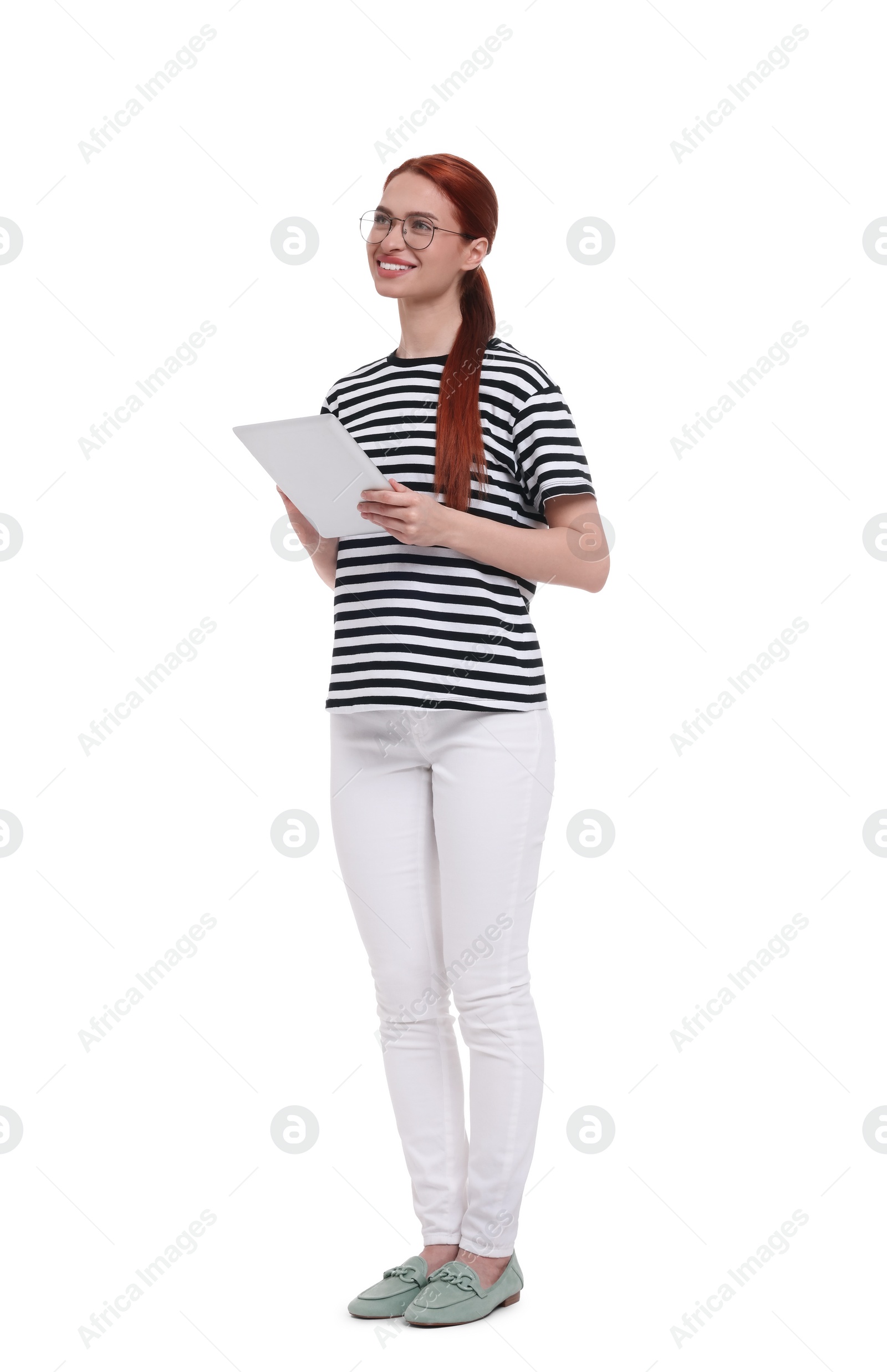 Photo of Happy woman in glasses with tablet on white background