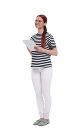 Happy woman in glasses with tablet on white background