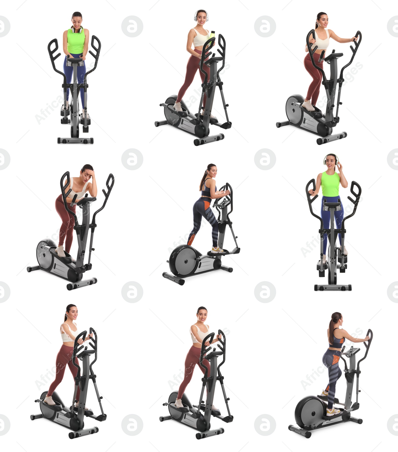 Image of Woman using modern elliptical machine on white background, collage 