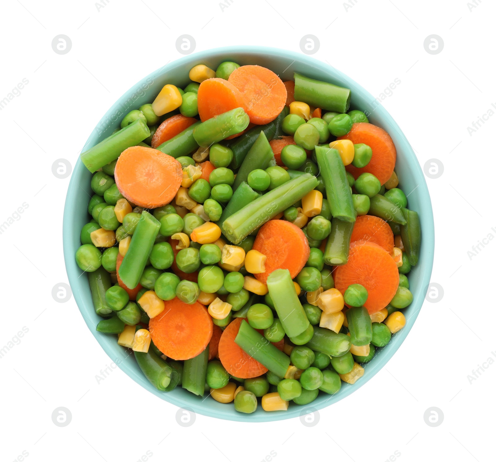 Photo of Mix of fresh vegetables in bowl on white background, top view