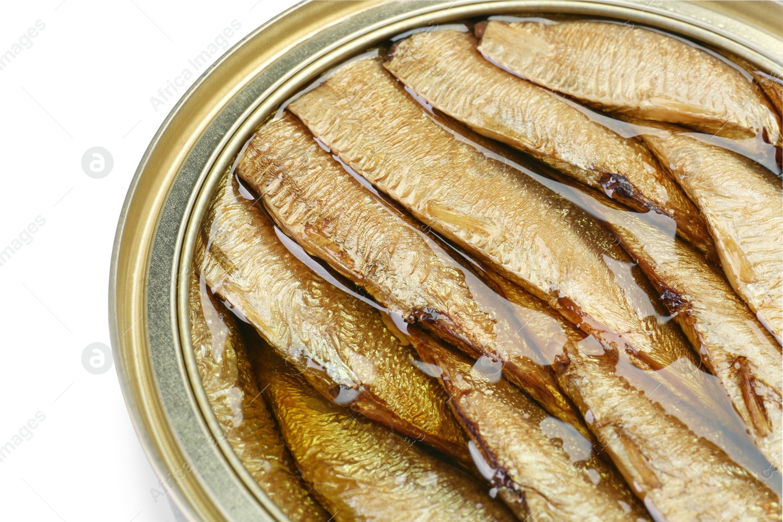 Photo of Sprats in tin can isolated on white