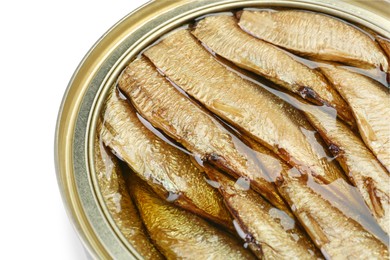 Photo of Sprats in tin can isolated on white