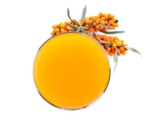 Delicious sea buckthorn juice and fresh berries isolated on white, top view