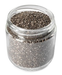Photo of Glass jar with chia seeds isolated on white