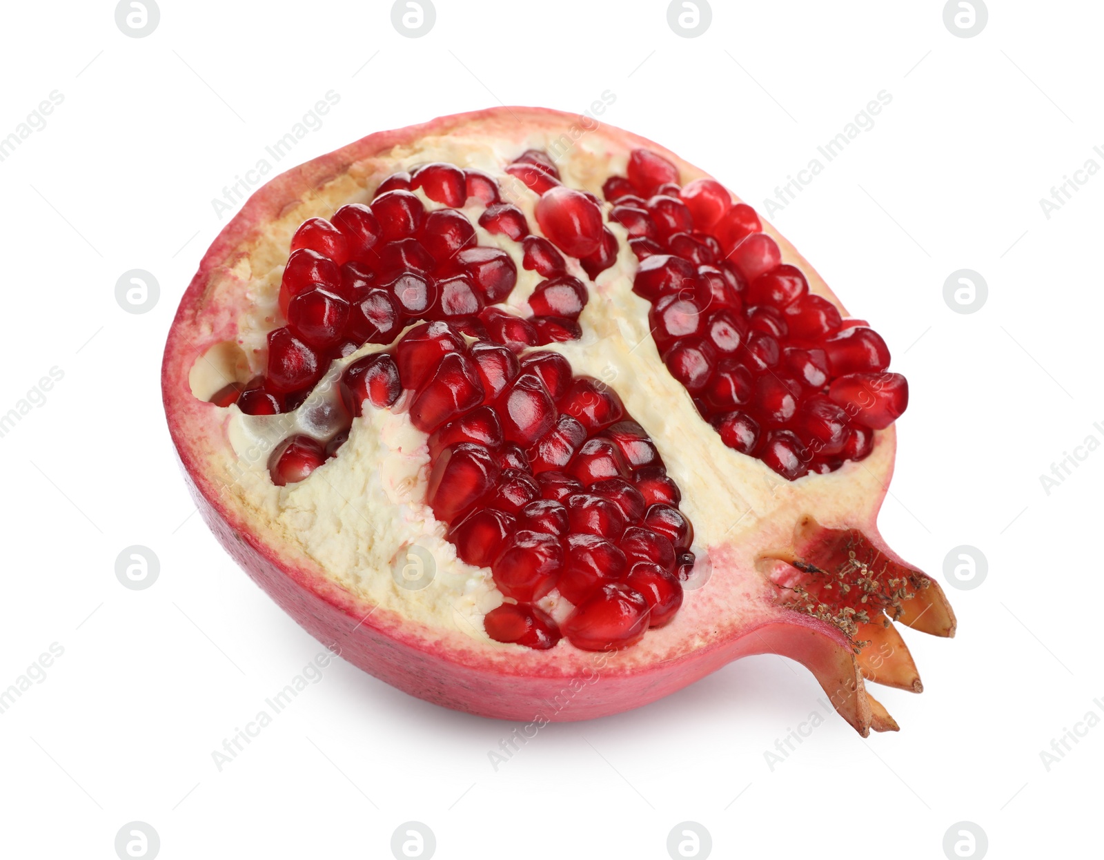 Photo of Half of ripe juicy pomegranate isolated on white