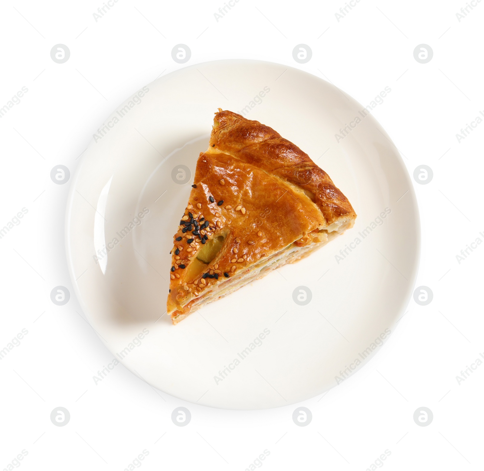 Photo of Piece of tasty homemade pie with filling isolated on white, top view