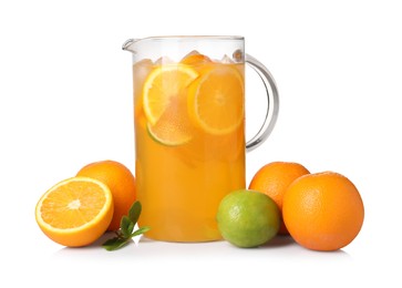 Photo of Freshly made lemonade in jug, mint and citrus fruits isolated on white