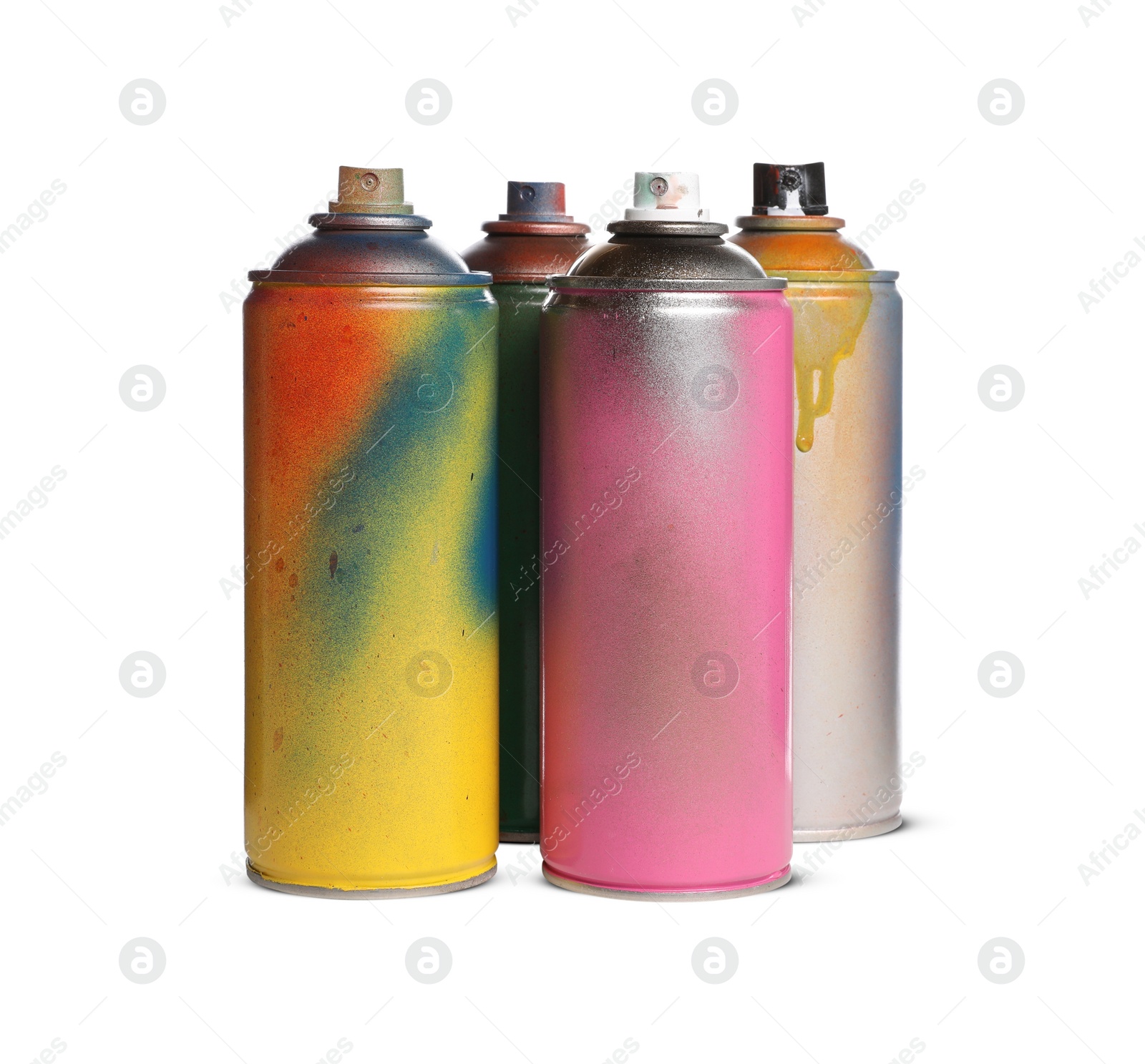 Photo of Used cans of spray paints on white background