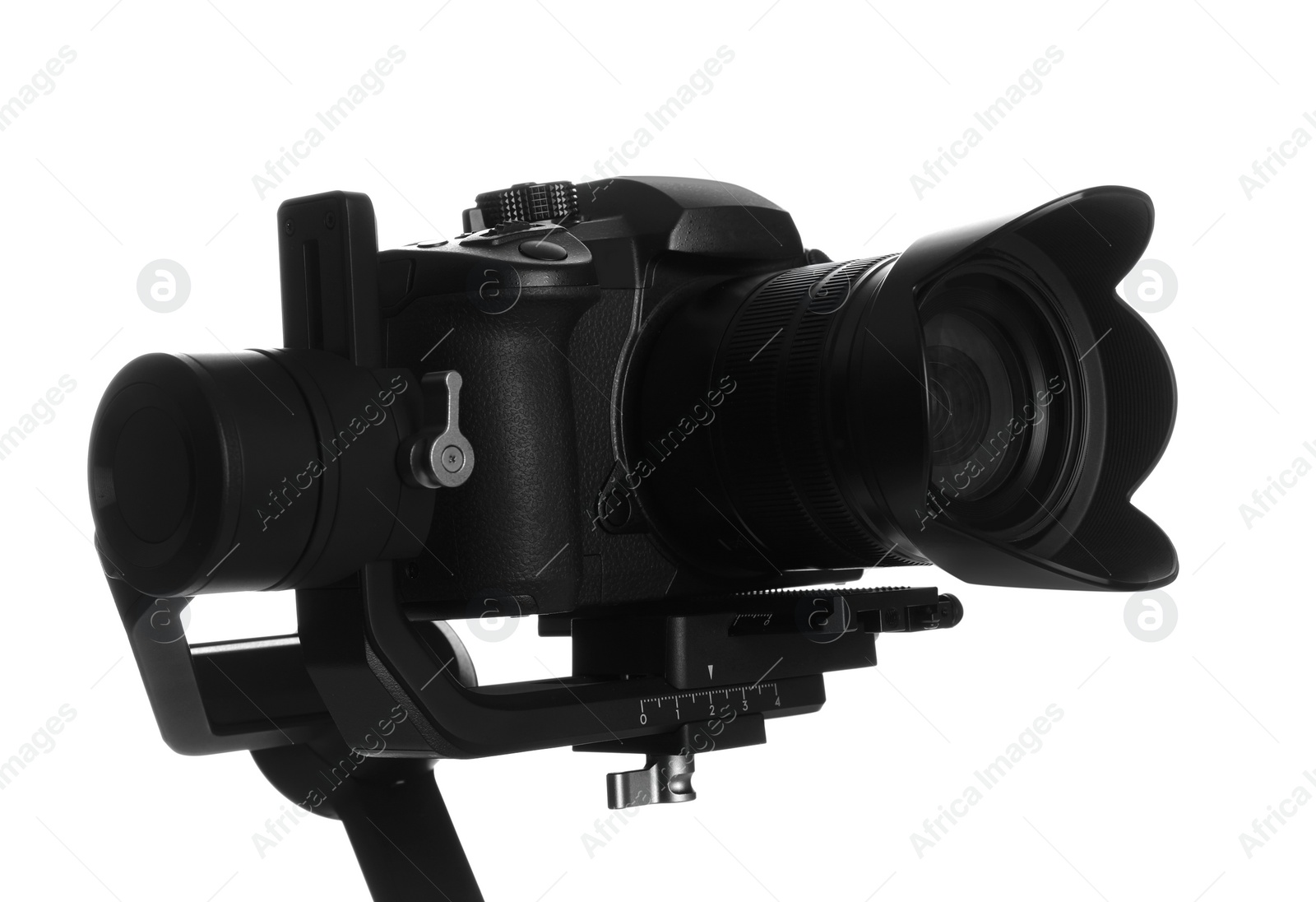 Photo of Modern professional video camera isolated on white, closeup