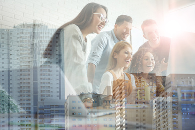 Image of Double exposure of team workers discussing questions in office and cityscape                                                           