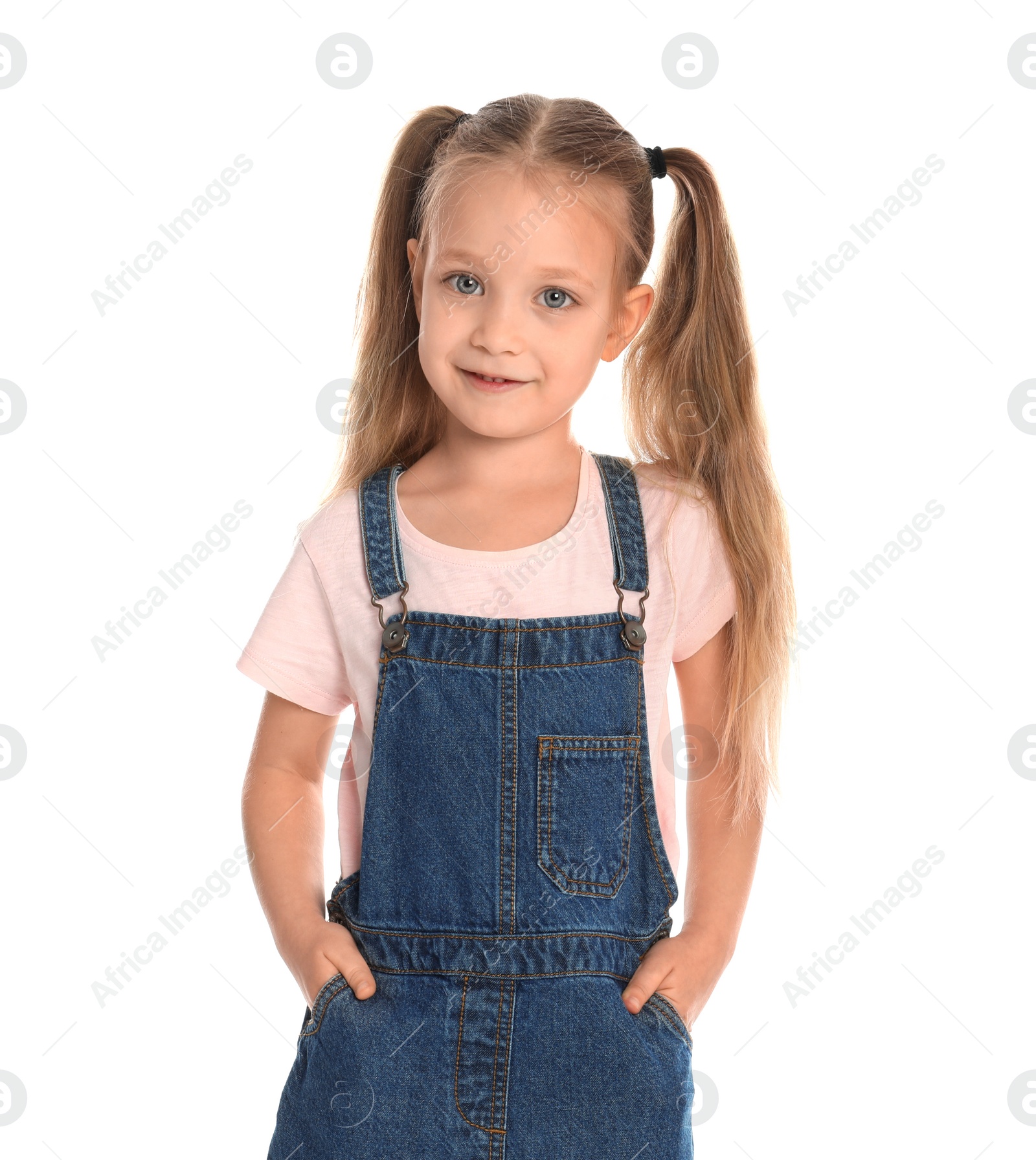 Photo of Portrait of cute little girl on white background