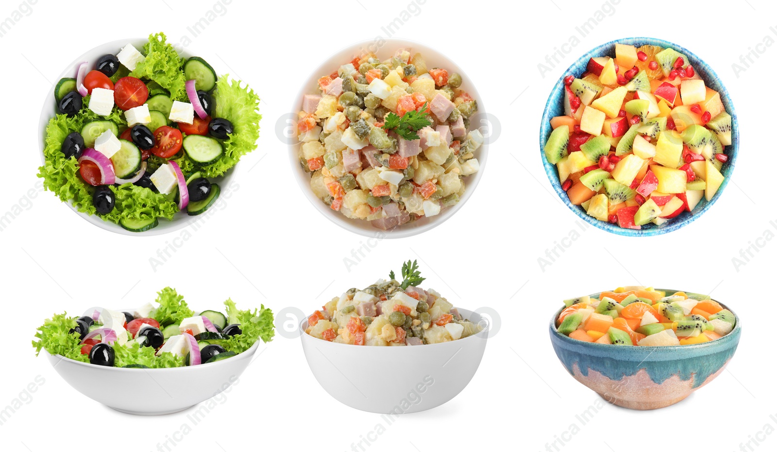 Image of Set with different salads on white background