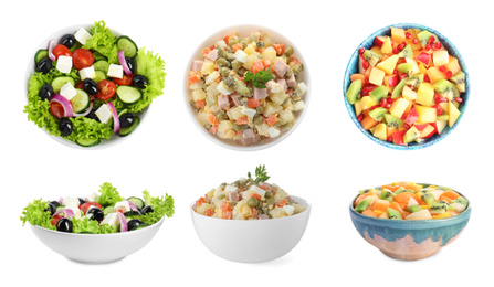 Image of Set with different salads on white background