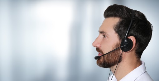 Image of Hotline operator with headset in office, space for text. Banner design