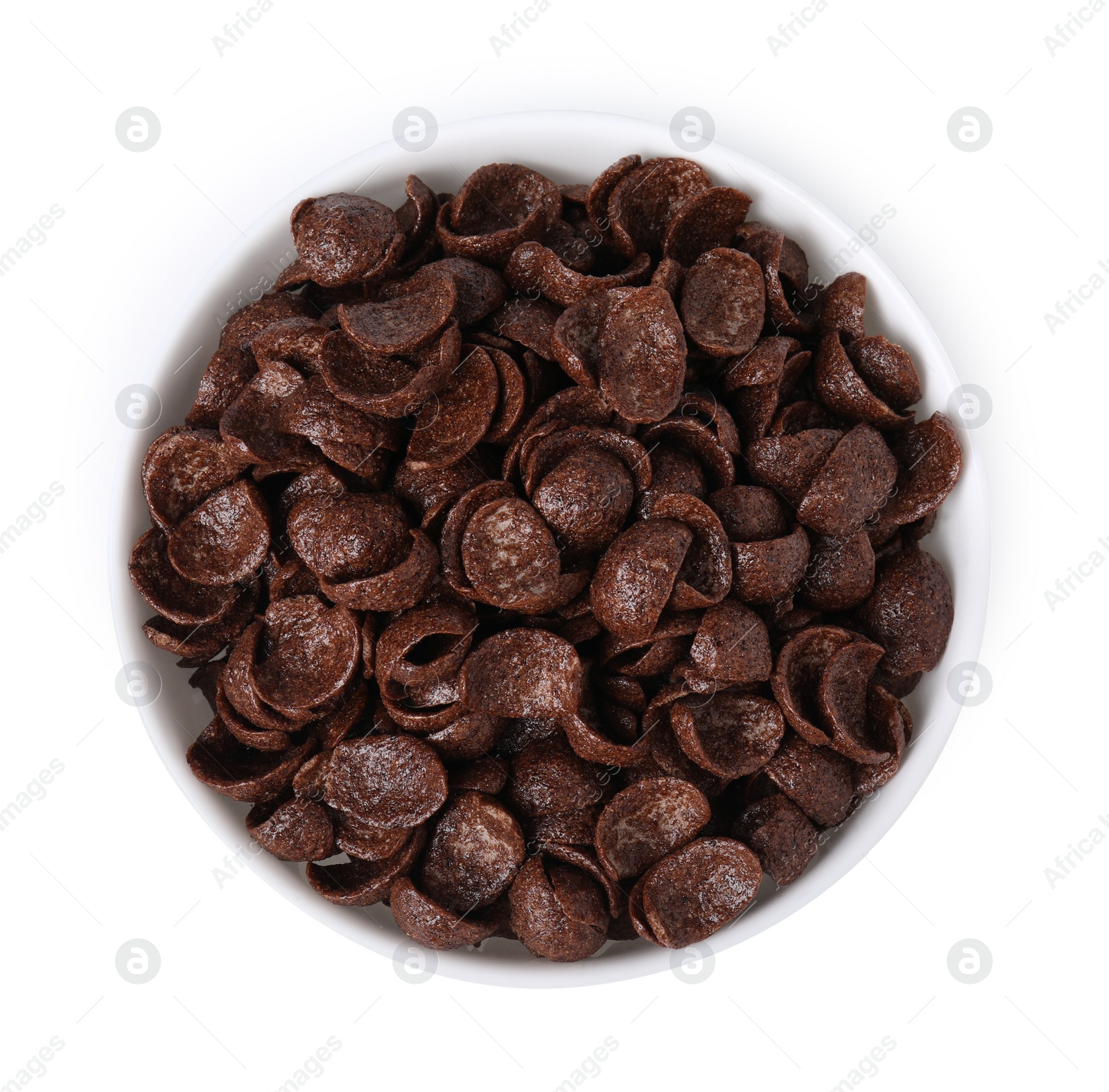 Photo of Breakfast cereal. Chocolate corn flakes in bowl isolated on white, top view