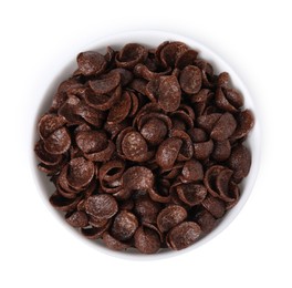 Photo of Breakfast cereal. Chocolate corn flakes in bowl isolated on white, top view