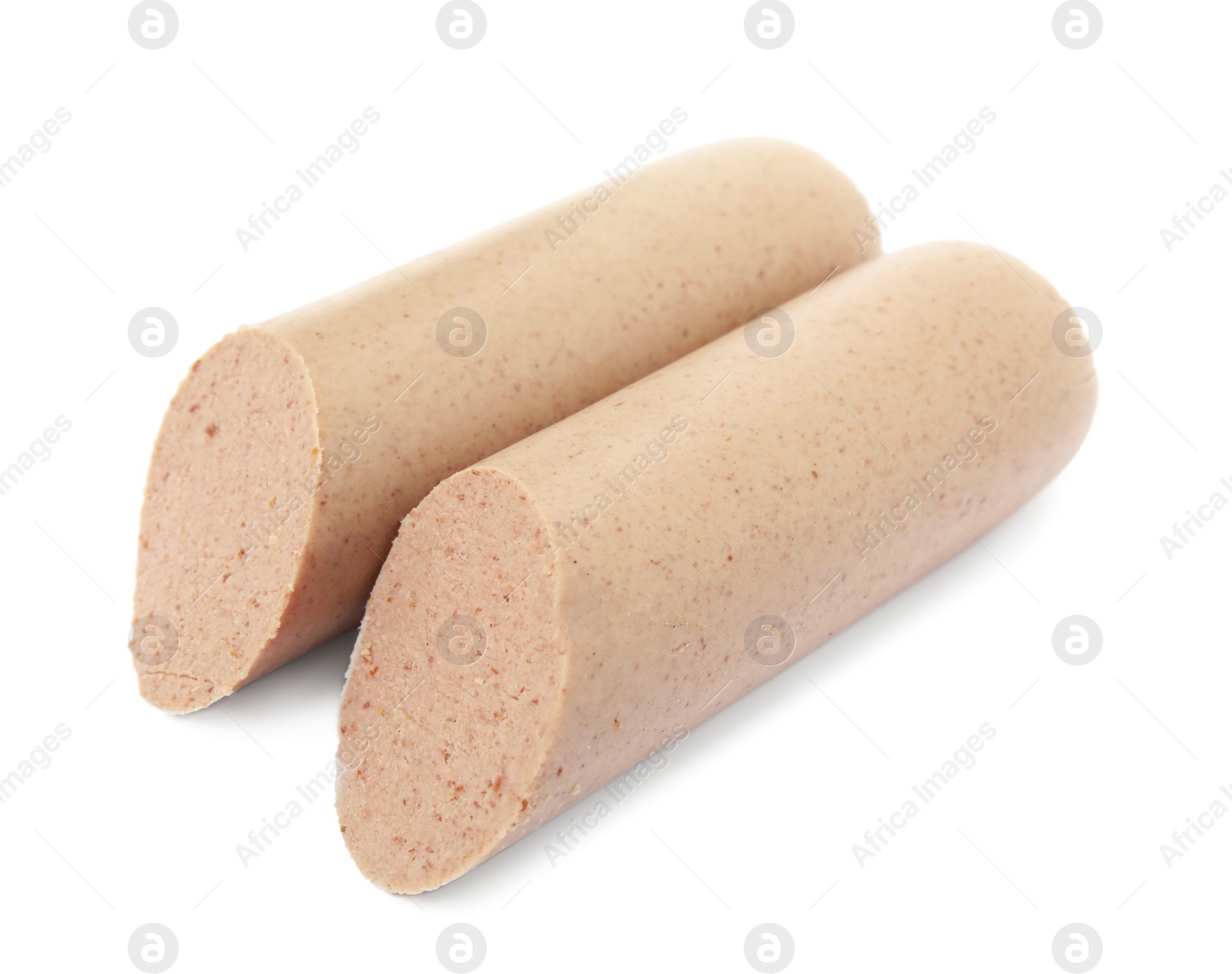 Photo of Pieces of delicious liverwurst on white background