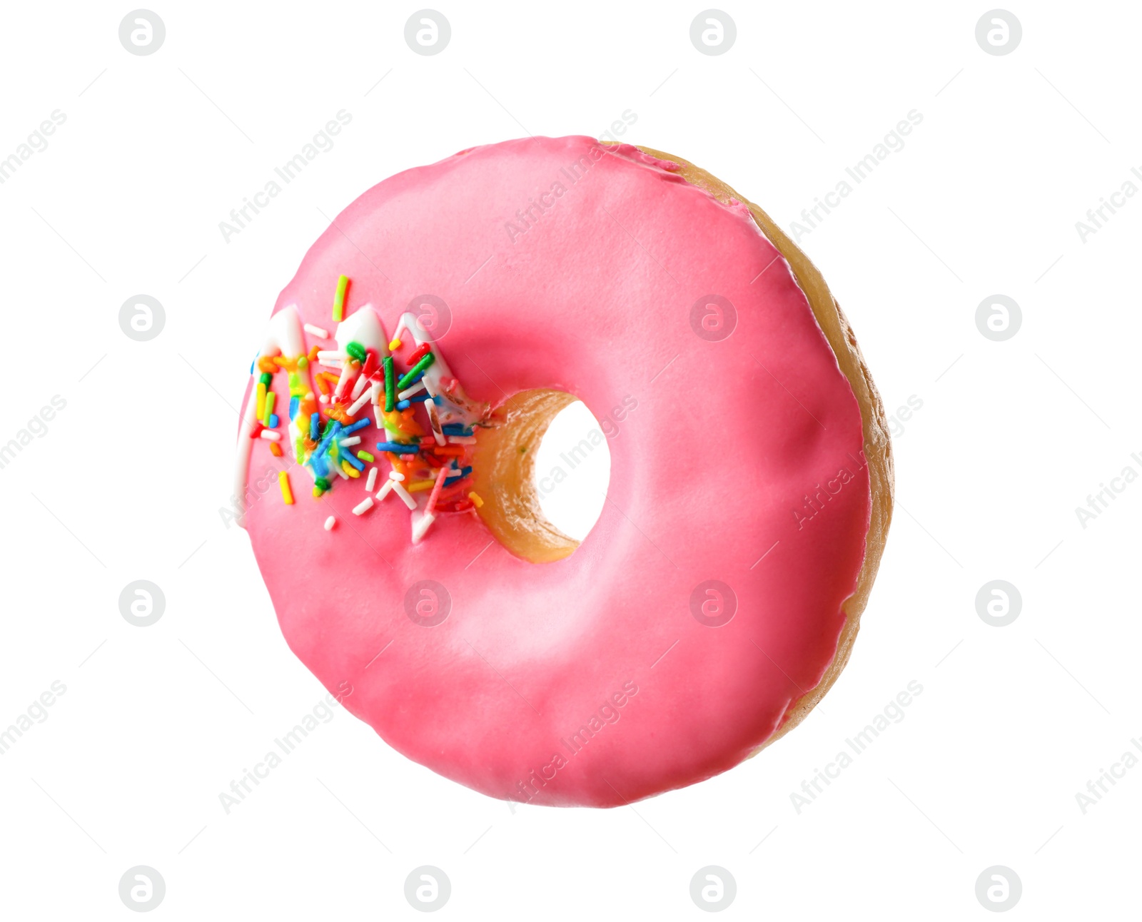 Photo of Sweet tasty glazed donut decorated with sprinkles isolated on white