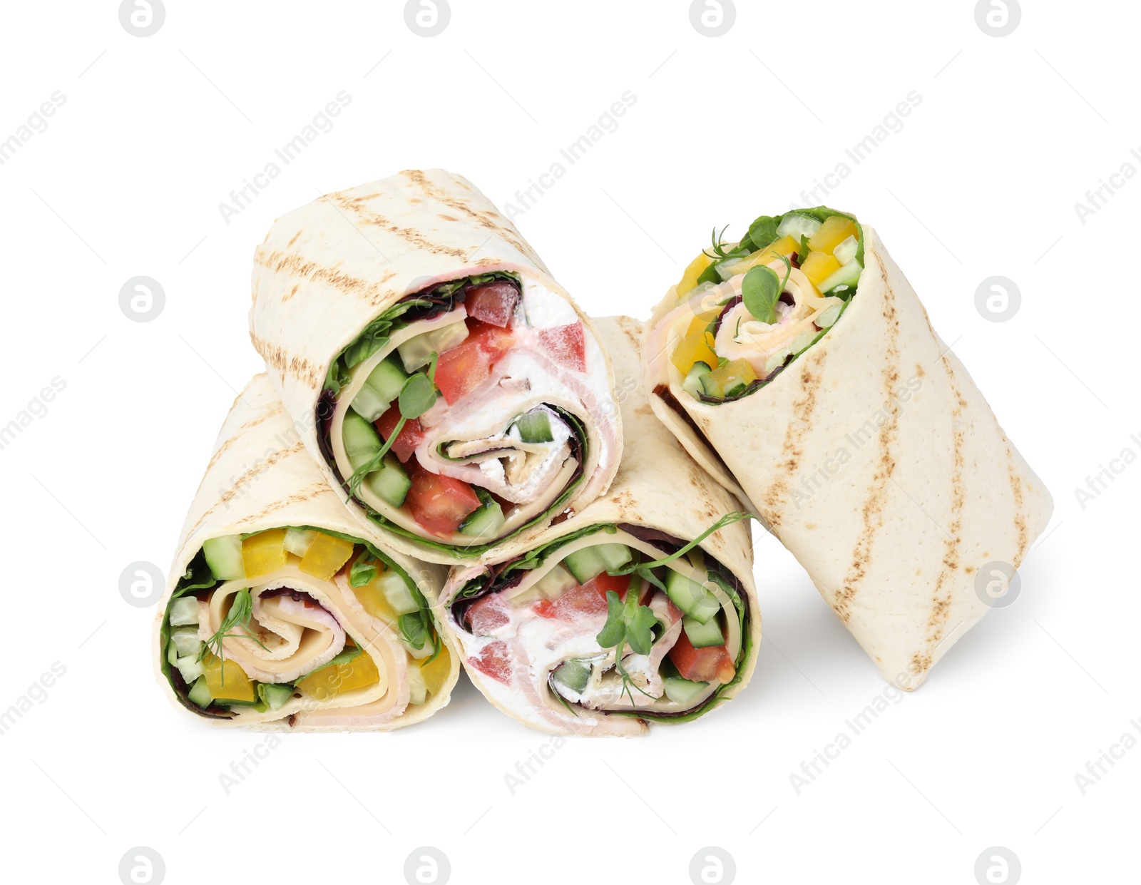 Photo of Delicious sandwich wraps with fresh vegetables isolated on white