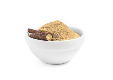 Dried sticks of liquorice root and powder in bowl on white background