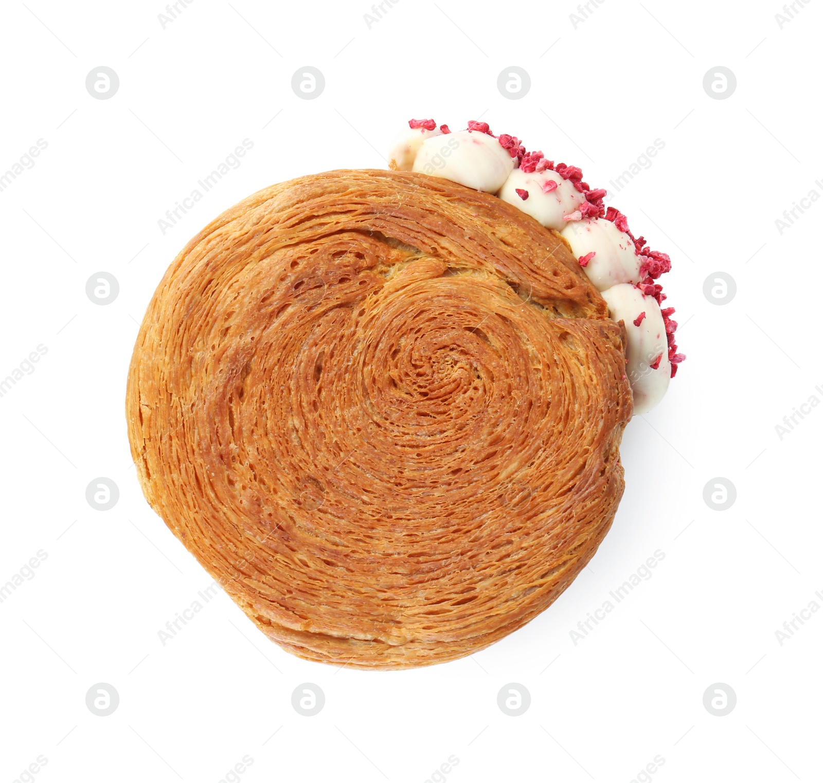 Photo of Round croissant with cream isolated on white, top view. Tasty puff pastry