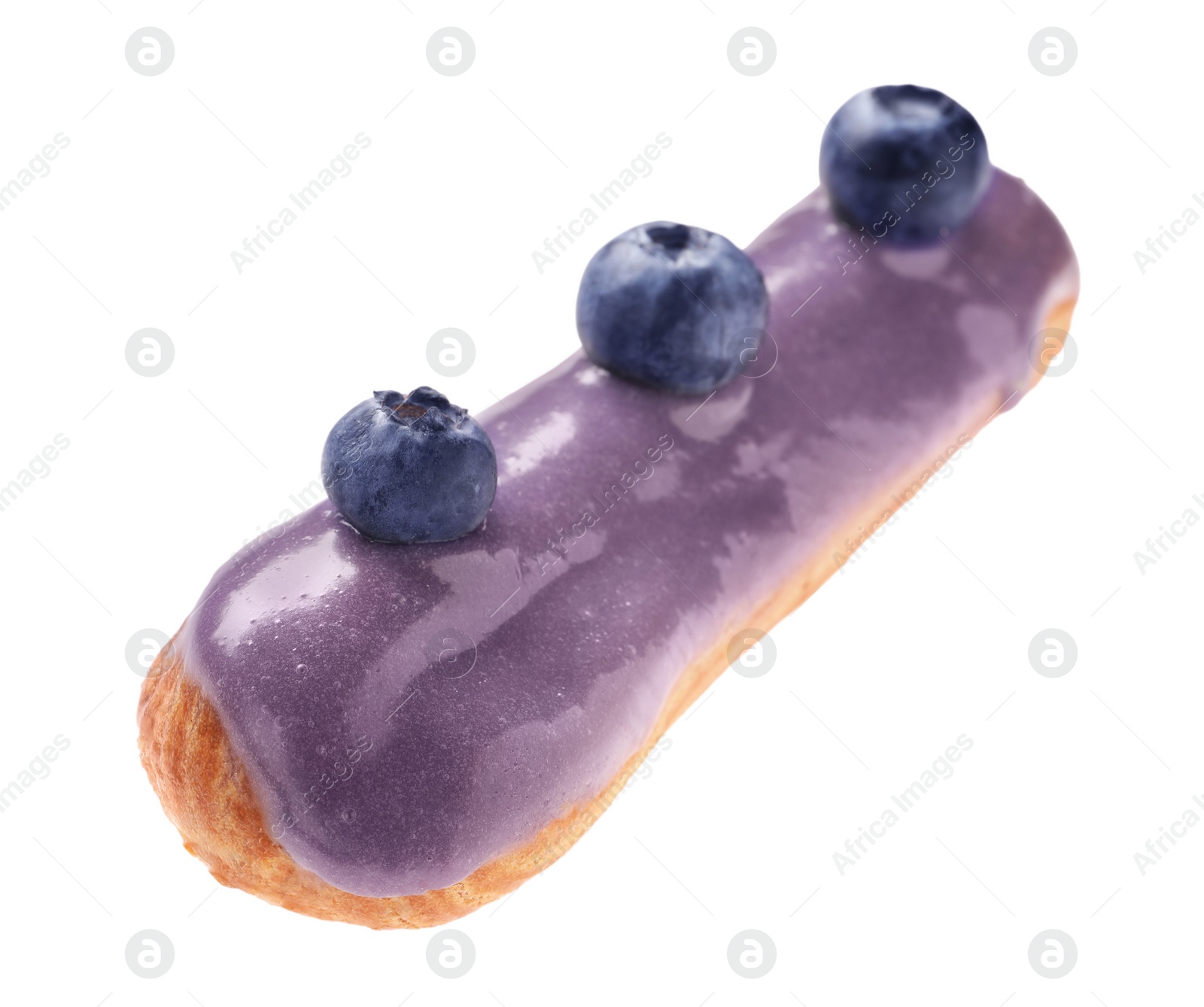 Photo of Delicious eclair decorated with blueberries isolated on white