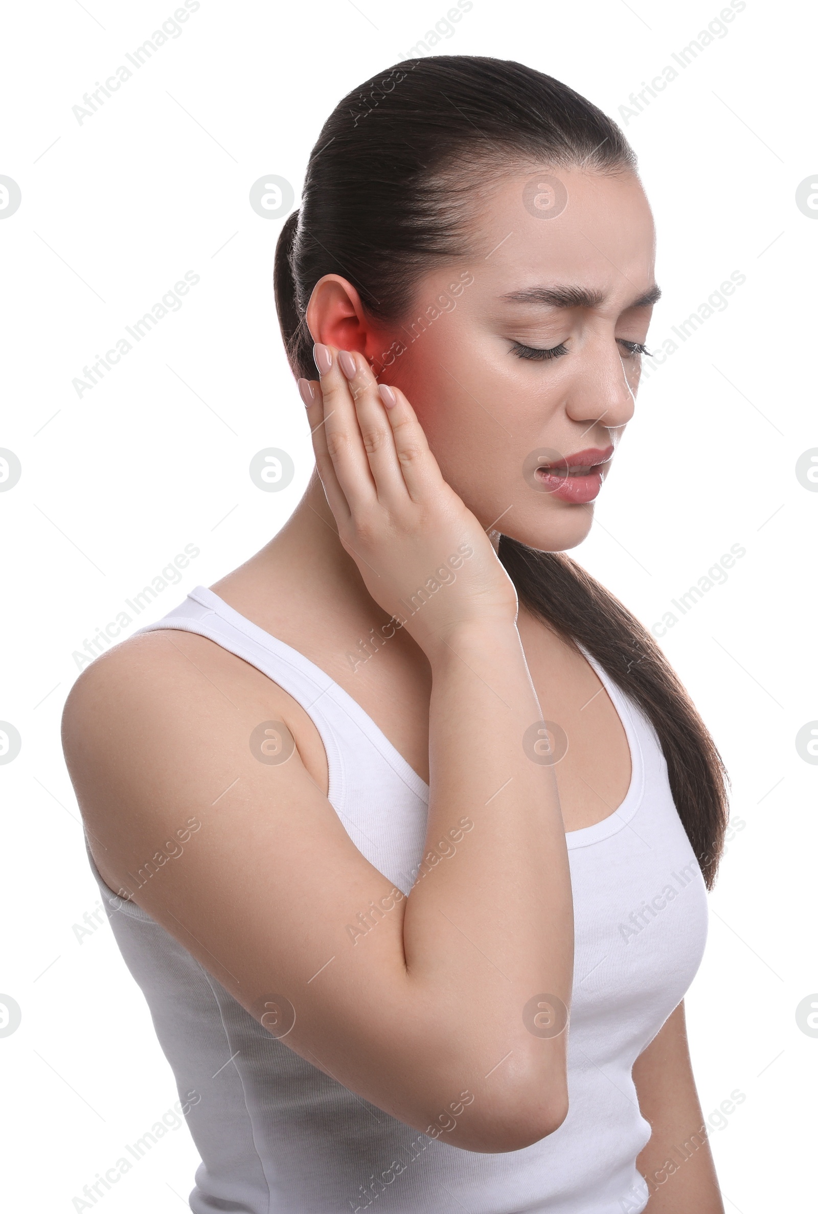 Image of Woman suffering from ear pain on white background