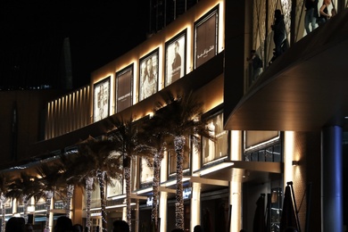 DUBAI, UNITED ARAB EMIRATES - NOVEMBER 04, 2018: Illuminated building and palms decorated with garlands on city street