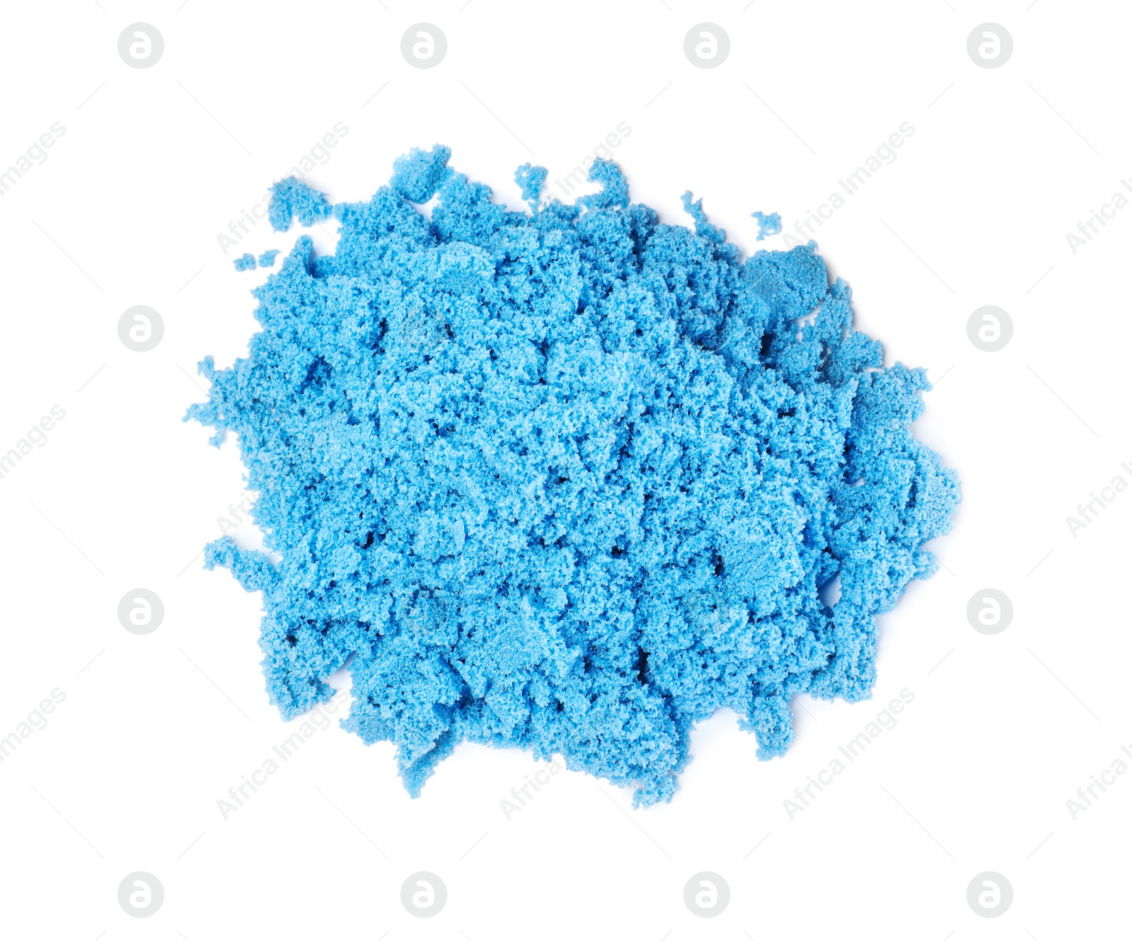 Photo of Pile of blue kinetic sand on white background, top view