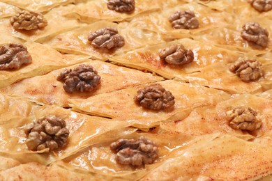 Delicious baklava with walnuts as background, closeup