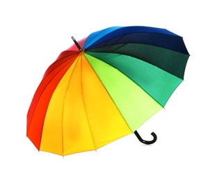 Open rainbow color umbrella on white background