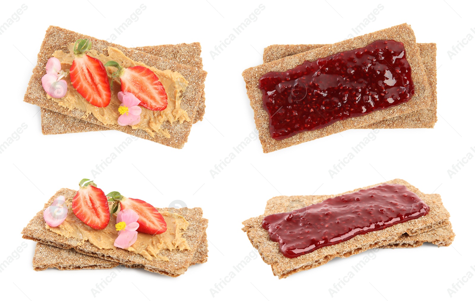 Image of Fresh rye crispbreads with different toppings on white background, collage