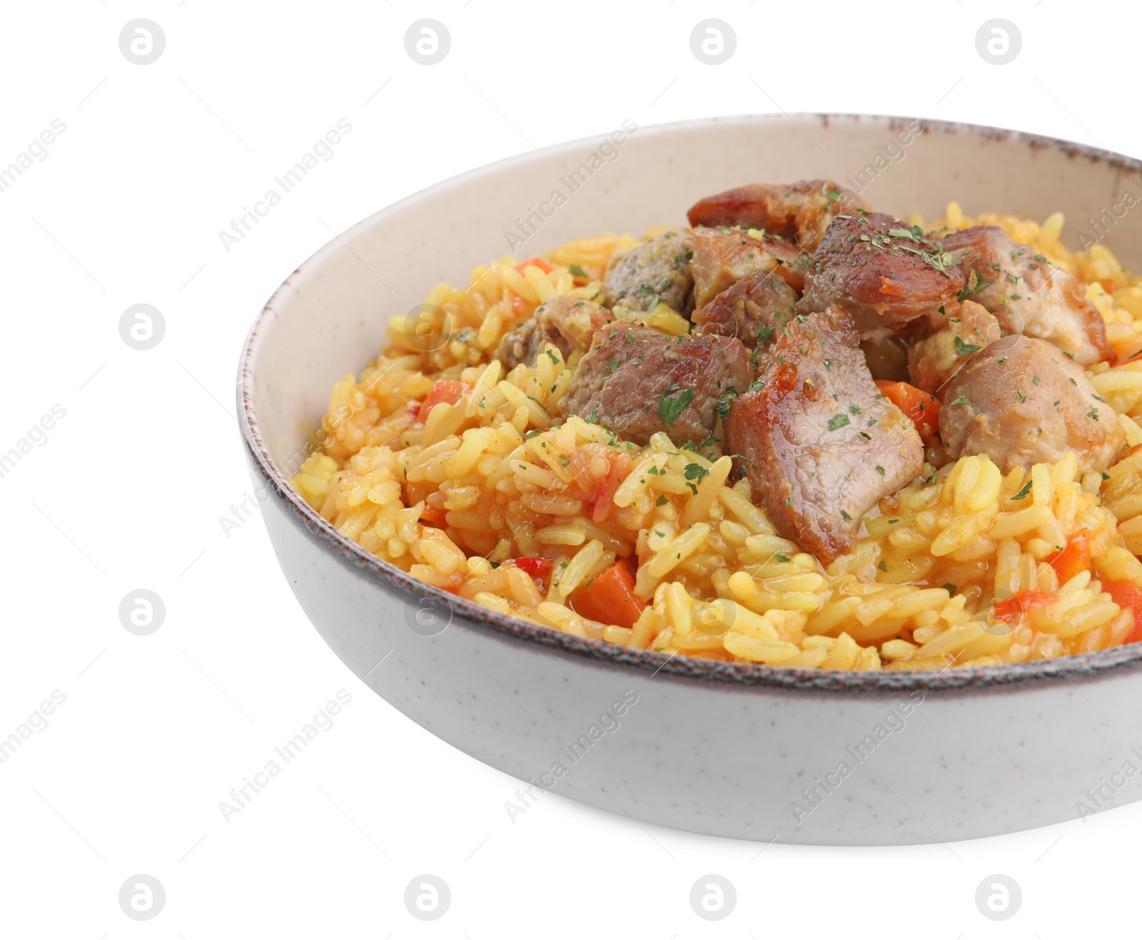 Photo of Delicious pilaf with meat isolated on white