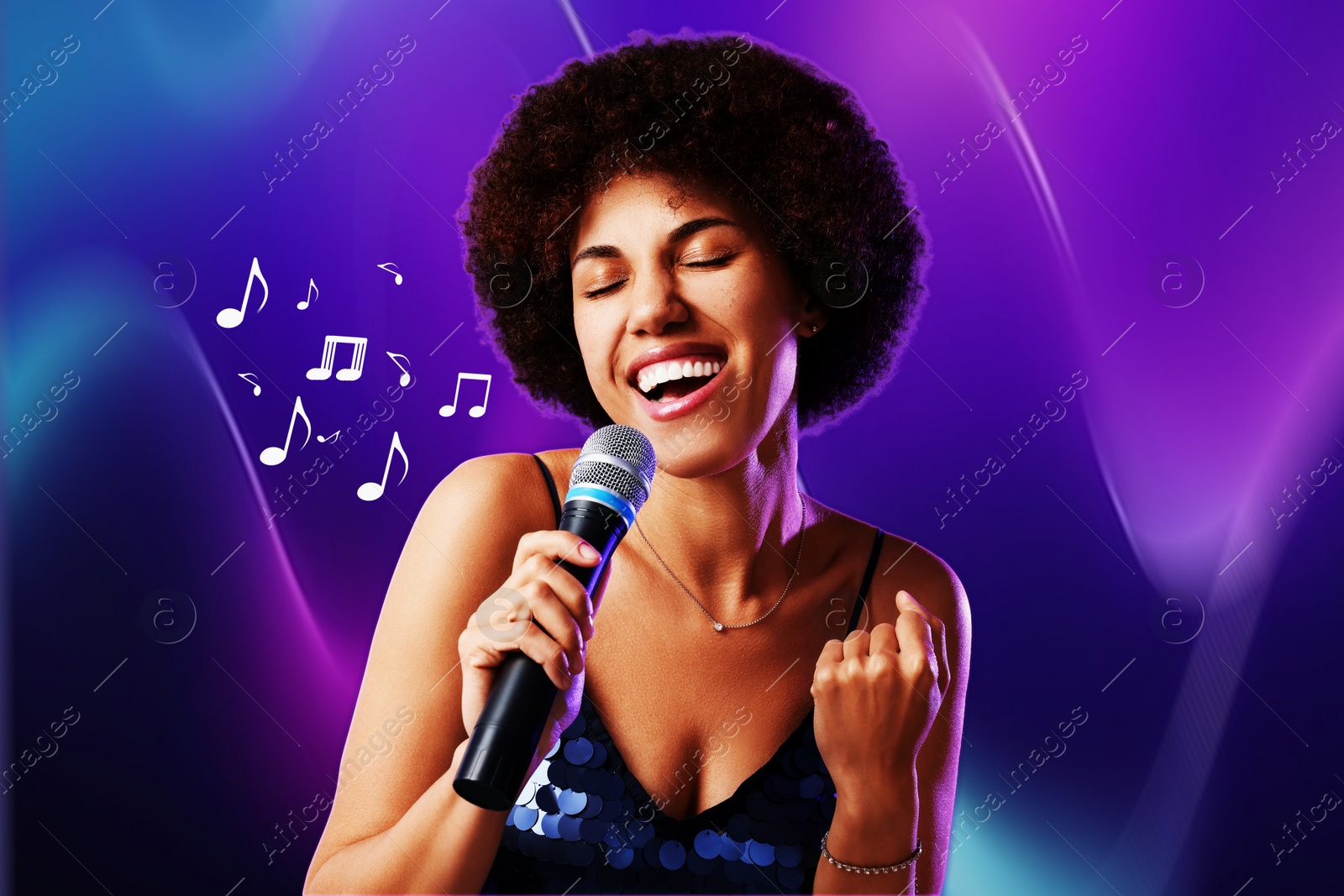 Image of Singer's performance poster. Woman with microphone on bright background