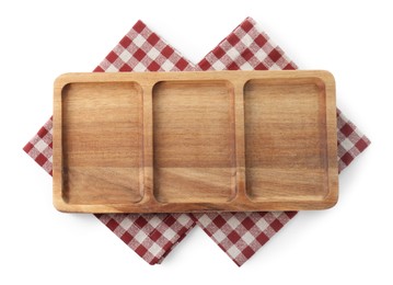 Photo of Wooden serving board and checkered napkins isolated on white, top view