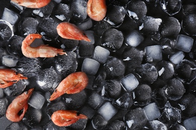 Photo of Flat lay composition with shrimps and ice cubes on dark background