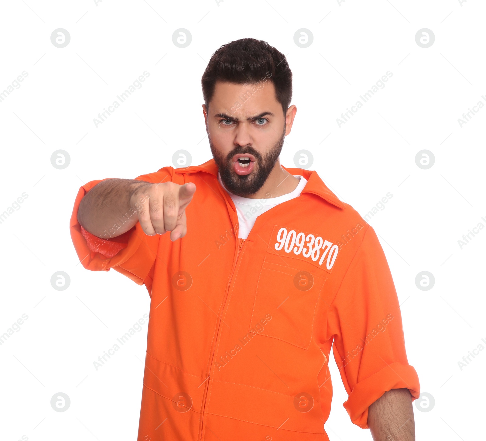 Photo of Emotional prisoner in jumpsuit on white background