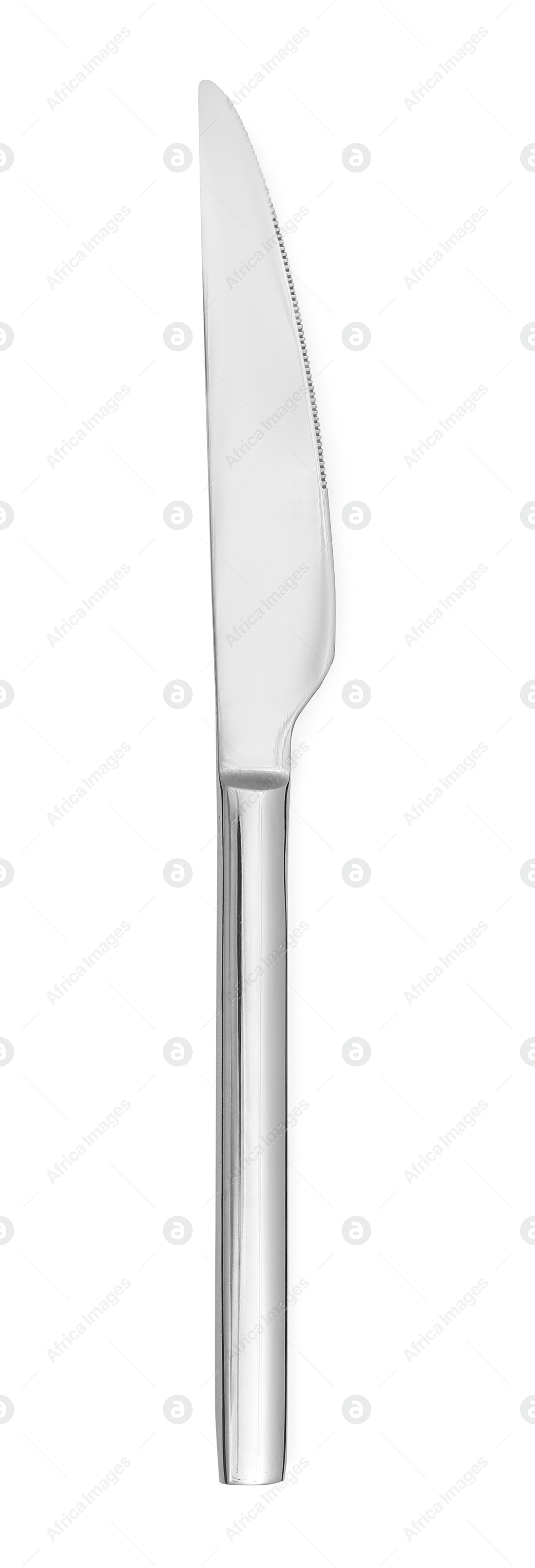 Photo of One new shiny knife isolated on white, top view