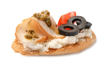 Photo of Delicious chicken bruschetta on white background. Traditional Italian antipasto