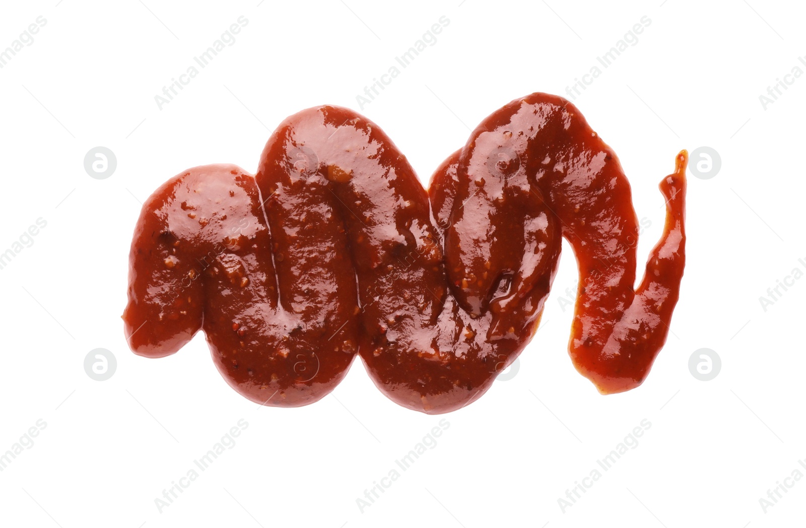 Photo of Tasty barbecue sauce isolated on white, top view